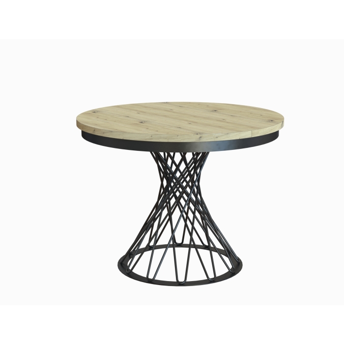 Stół rozkładany okrągły LORENZO 100–138 cm – loftowy design, czarne nogi, blat dąb craft biały